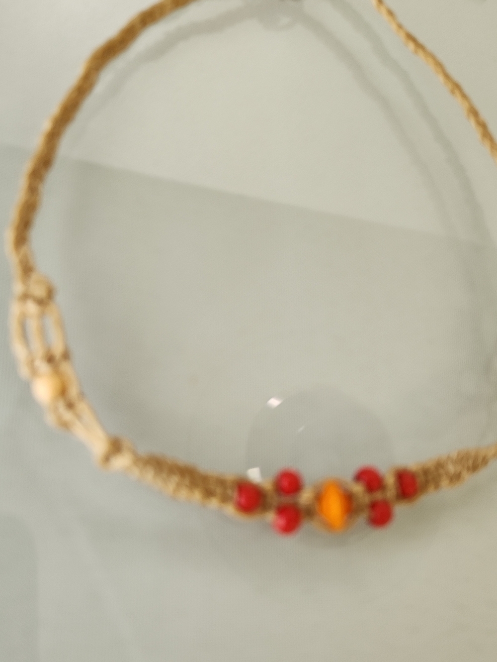 Handmade Tan Vintage Macramé Necklace with Red and Orange Beads Boho - Picture 5 of 5